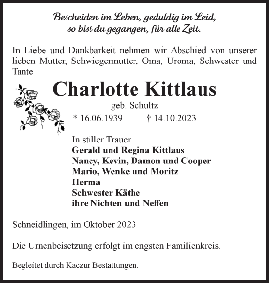 Traueranzeige von Charlotte Kittlaus von Volksstimme Staßfurt