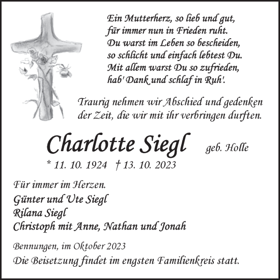Traueranzeige von Charlotte Siegl von Mitteldeutsche Zeitung Sangerhausen