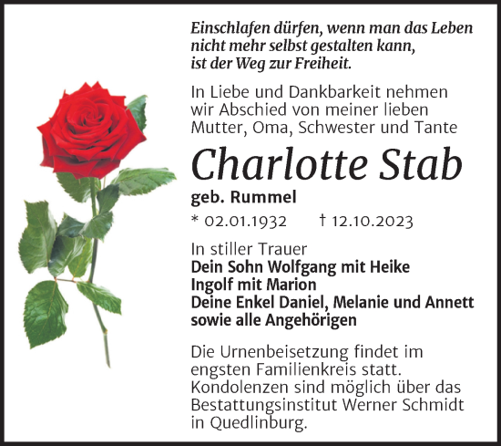 Traueranzeige von Charlotte Stab von Trauerkombi Quedlinburg