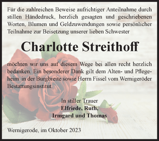 Traueranzeige von Charlotte Streithoff von Volksstimme Wernigerode