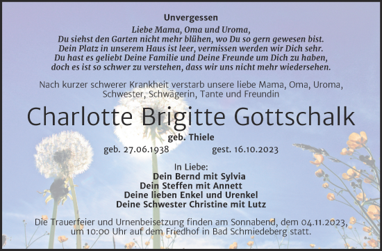 Traueranzeige von Charlotte Brigitte Gottschalk von Trauerkombi Wittenberg