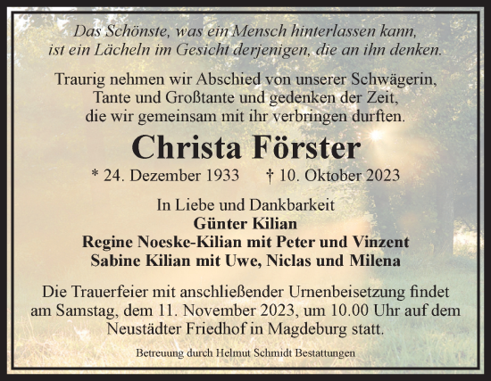 Traueranzeige von Christa Förster von Volksstimme Magdeburg