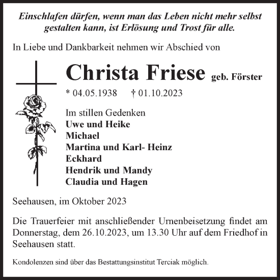 Traueranzeige von Christa Friese von Volksstimme Oschersleben/Wanzleben