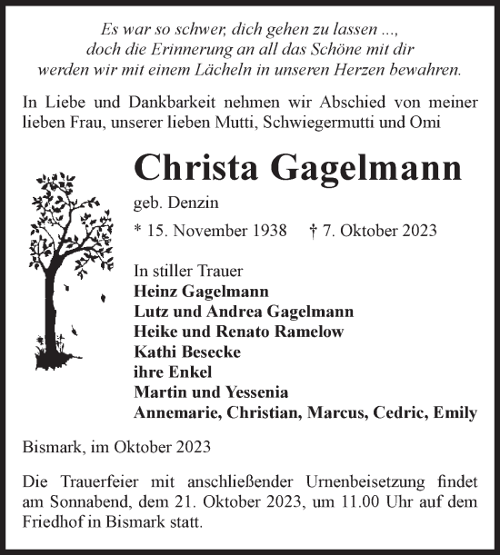 Traueranzeige von Christa Gagelmann von Volksstimme Altmark Ost