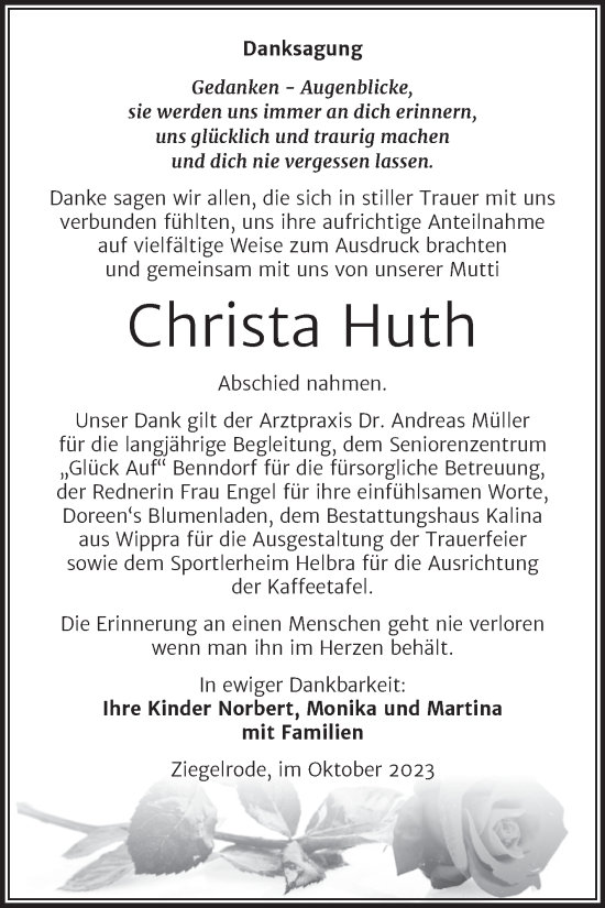 Traueranzeige von Christa Huth von Trauerkombi Mansfelder Land