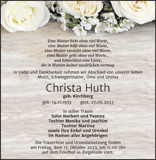 Traueranzeige von Christa Huth von Trauerkombi Mansfelder Land