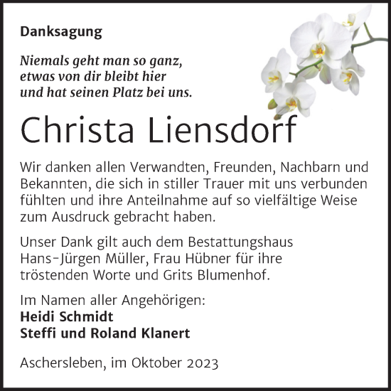 Traueranzeige von Christa Liensdorf von Trauerkombi Aschersleben