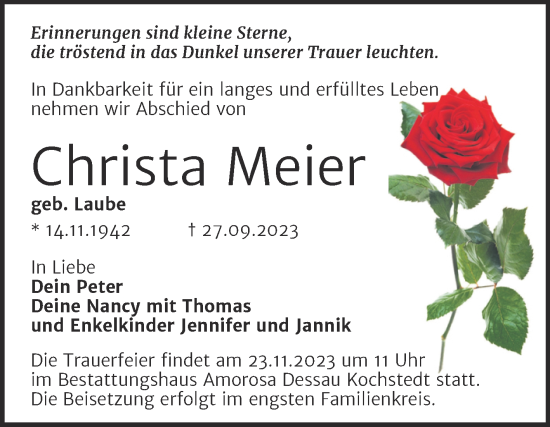 Traueranzeige von Christa Meier von Trauerkombi Köthen