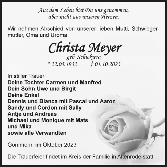 Traueranzeige von Christa Meyer von Volksstimme Burg/Genthin