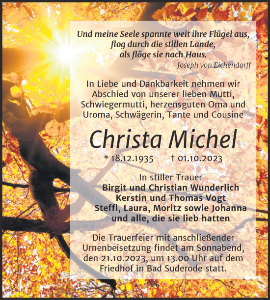 Traueranzeige von Christa Michel von Trauerkombi Quedlinburg