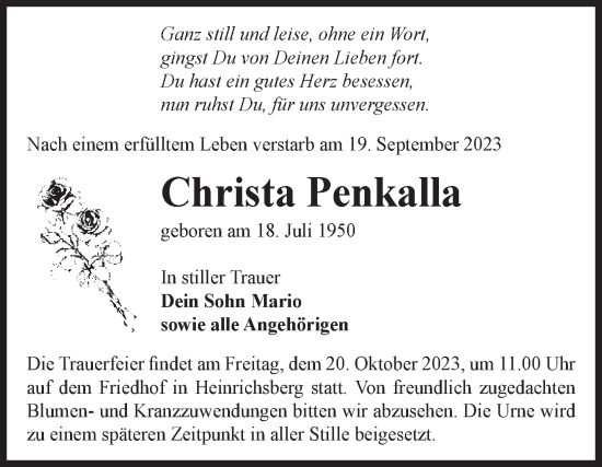 Traueranzeige von Christa Penkalla von Volksstimme Haldensleben/Wolmirstedt