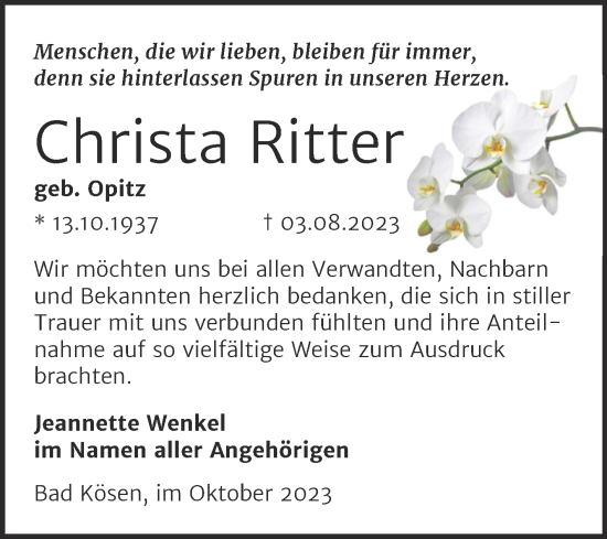 Traueranzeige von Christa Ritter von Wochenspiegel Naumburg/Nebra