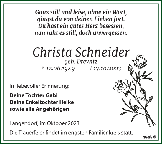 Traueranzeige von Christa Schneider von Trauerkombi Weißenfels