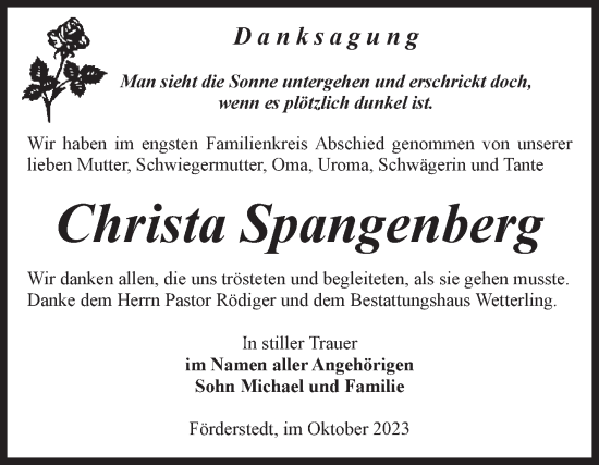 Traueranzeige von Christa Spangenberg von Volksstimme Staßfurt