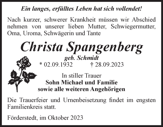 Traueranzeige von Christa Spangenberg von Volksstimme Staßfurt