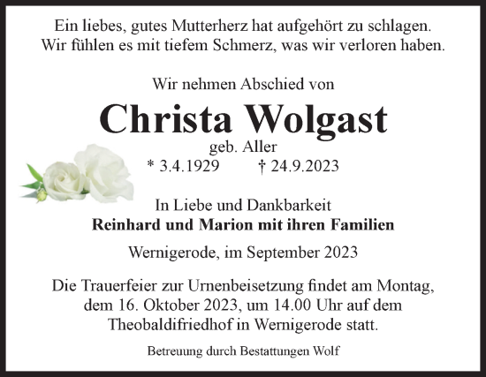 Traueranzeige von Christa Wolgast von Volksstimme Wernigerode