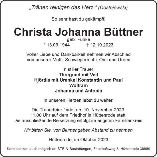 Traueranzeige von Christa Johanna Büttner von Volksstimme Wernigerode