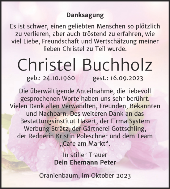 Traueranzeige von Christel Buchholz von Trauerkombi Wittenberg
