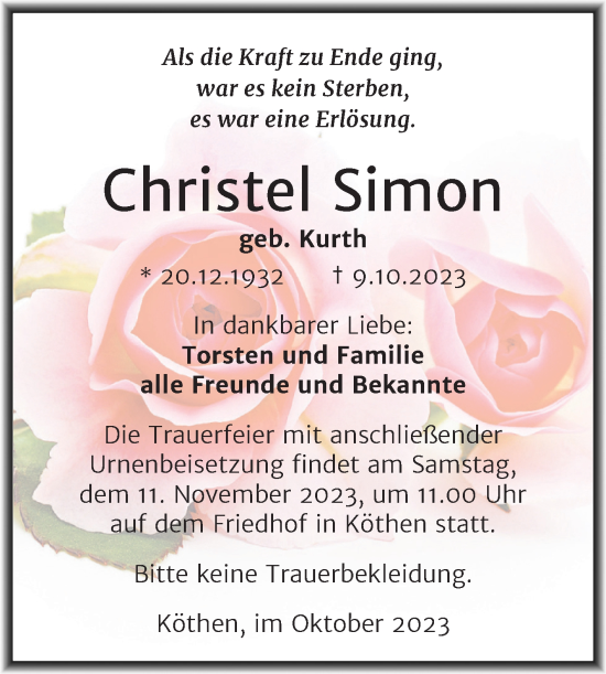 Traueranzeige von Christel Simon von Trauerkombi Köthen