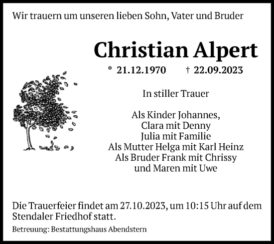 Traueranzeige von Christian Alpert von Volksstimme Altmark Ost