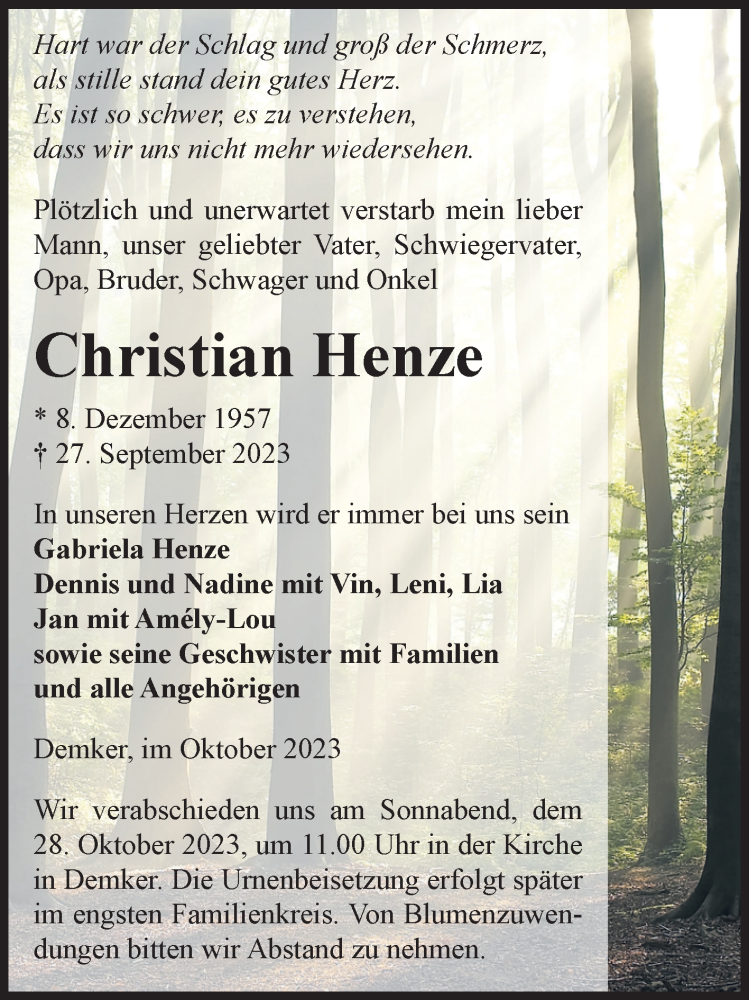  Traueranzeige für Christian Henze vom 14.10.2023 aus Volksstimme Altmark Ost