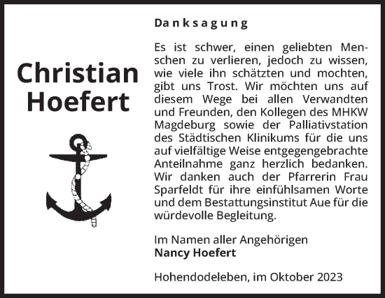 Traueranzeige von Christian Hoefert von Volksstimme Oschersleben/Wanzleben