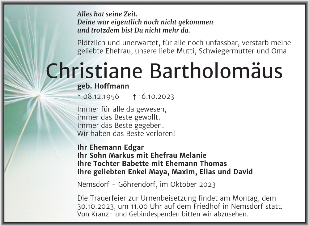  Traueranzeige für Christiane Bartholomäus vom 19.10.2023 aus Trauerkombi Merseburg