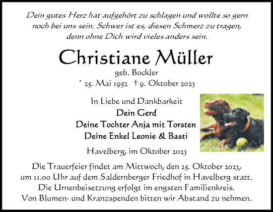 Traueranzeige von Christiane Müller von Volksstimme Altmark Ost