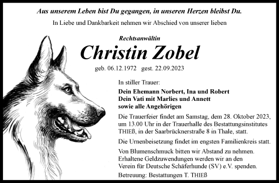Traueranzeige von Christin Zobel von Volksstimme Wernigerode
