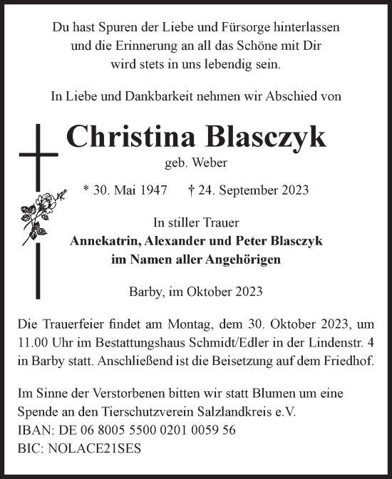 Traueranzeige von Christina Blasczyk von Volksstimme Schönebeck