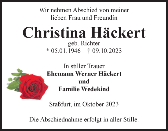 Traueranzeige von Christina Häckert von Volksstimme Staßfurt