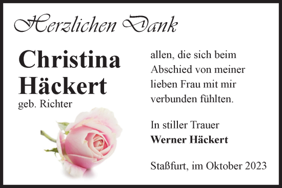 Traueranzeige von Christina Häckert von Volksstimme Staßfurt