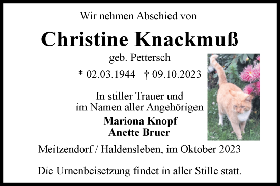 Traueranzeige von Christine Knackmuß von Volksstimme Haldensleben/Wolmirstedt