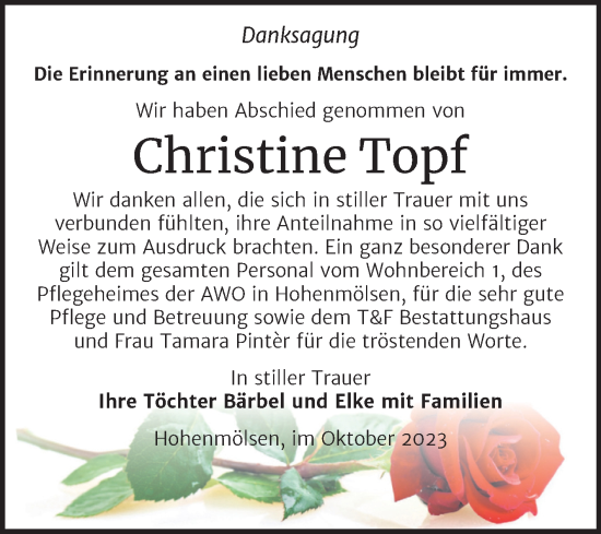 Traueranzeige von Christine Topf von Trauerkombi Weißenfels