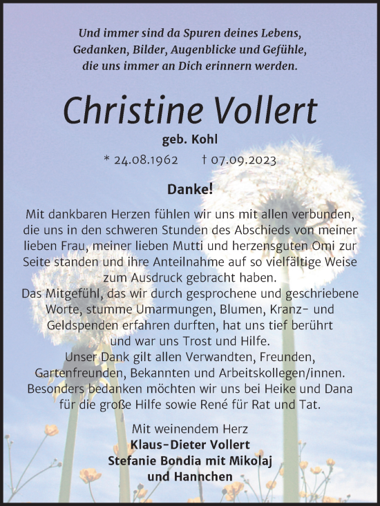 Traueranzeige von Christine Vollert von Trauerkombi Mansfelder Land
