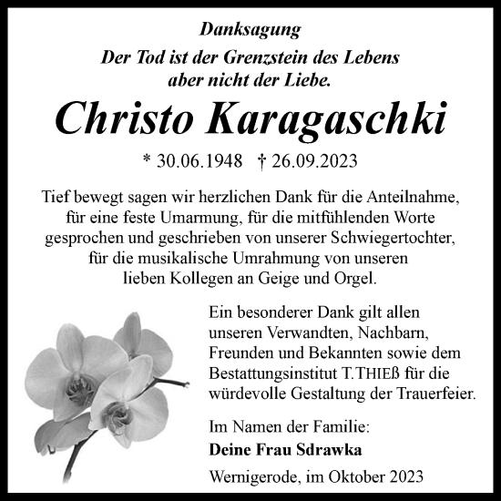 Traueranzeige von Christo Karagaschki von Volksstimme Wernigerode