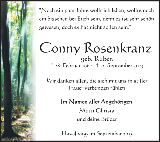 Traueranzeige von Conny Rosenkranz von Volksstimme Altmark Ost