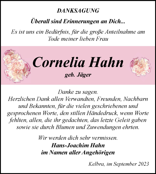 Traueranzeige von Cornelia Hahn von Trauerkombi Sangerhausen