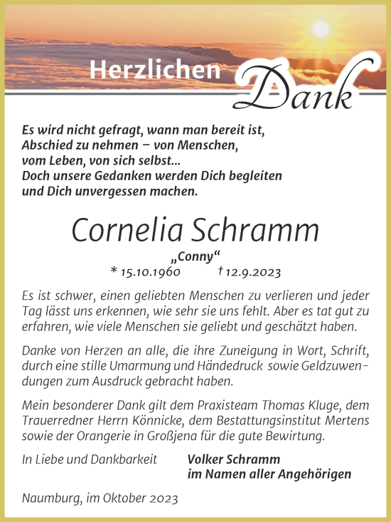 Traueranzeige von Cornelia Schramm von Wochenspiegel Naumburg/Nebra