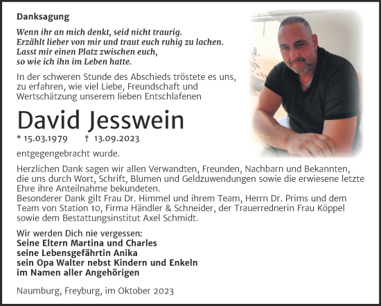 Traueranzeige von David Jesswein von Wochenspiegel Naumburg/Nebra
