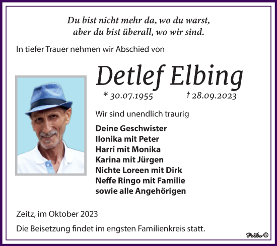 Traueranzeige von Detlef Elbing von Trauerkombi Zeitz