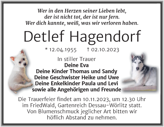 Traueranzeige von Detlef Hagendorf von Trauerkombi Dessau