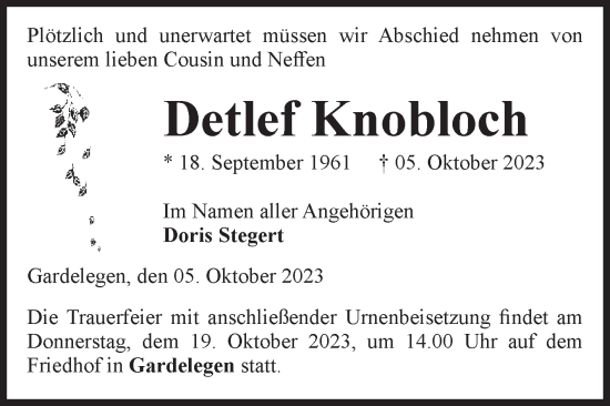 Traueranzeige von Detlef Knobloch von Volksstimme Altmark West