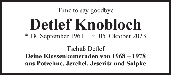 Traueranzeige von Detlef Knobloch von Volksstimme Altmark West