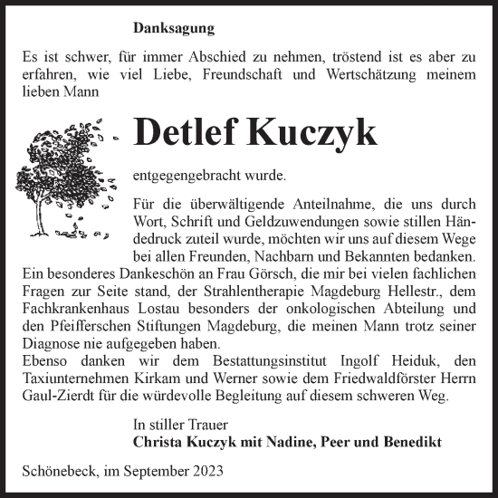 Traueranzeige von Detlef Kuczyk von Volksstimme Schönebeck