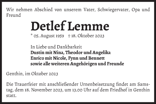 Traueranzeige von Detlef Lemme von Volksstimme Burg/Genthin