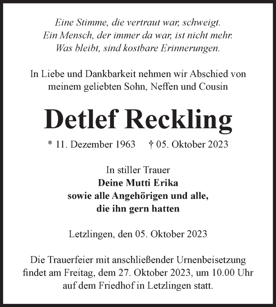  Traueranzeige für Detlef Reckling vom 14.10.2023 aus Volksstimme Altmark West
