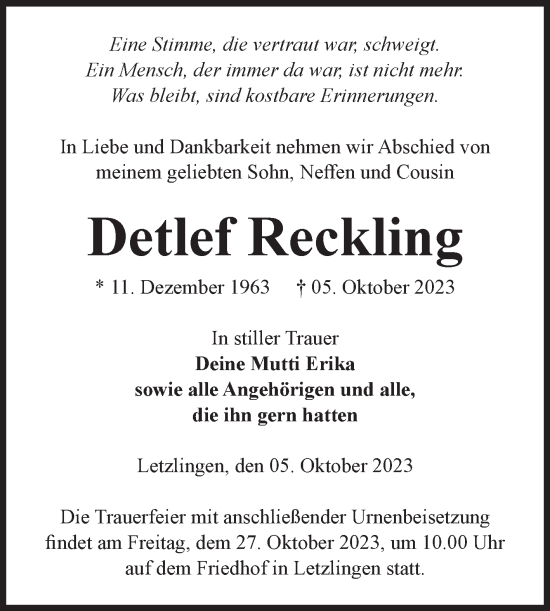 Traueranzeige von Detlef Reckling von Volksstimme Altmark West