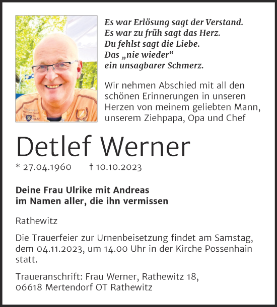 Traueranzeige von Detlef Werner von Trauerkombi Zeitz