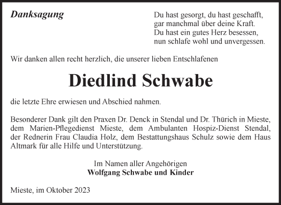 Traueranzeige von Diedlind Schwabe von Volksstimme Altmark West